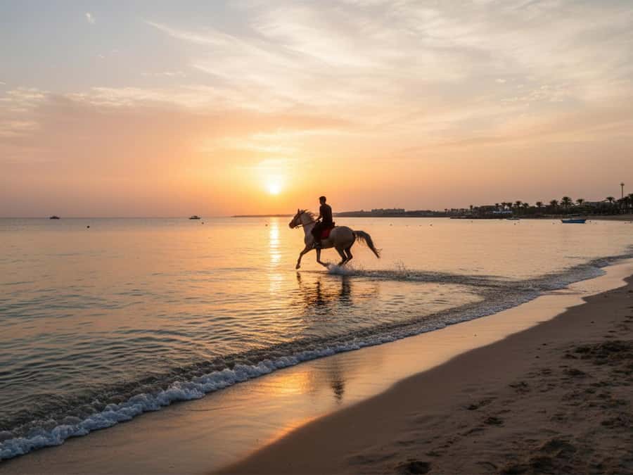 From Hurghada: Red Sea Sunrise and Desert Horseback Riding - From Sahl Hasheesh sand to the Red Sea