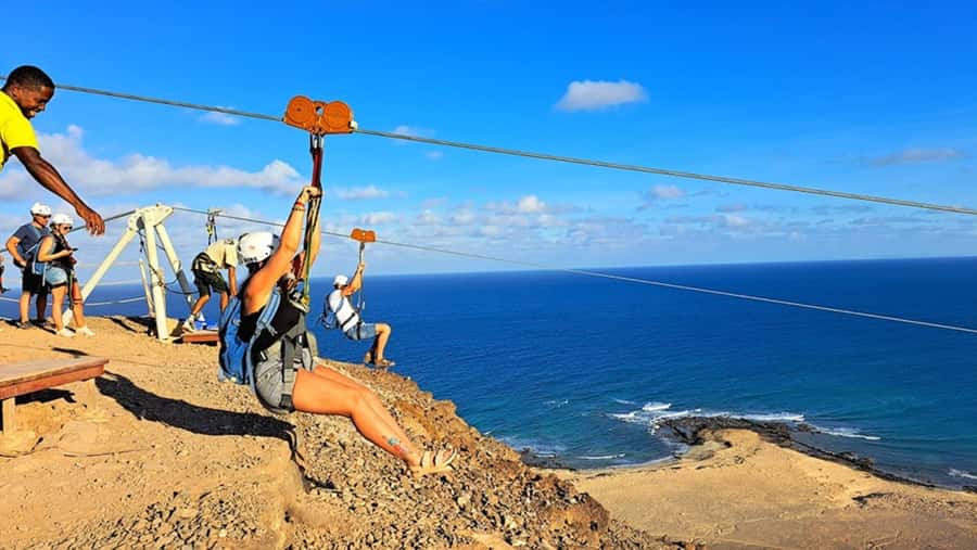 From Santa Maria: Sal island Zipline Experience (Official) - Safety briefing, harnesses, and the wait at the top