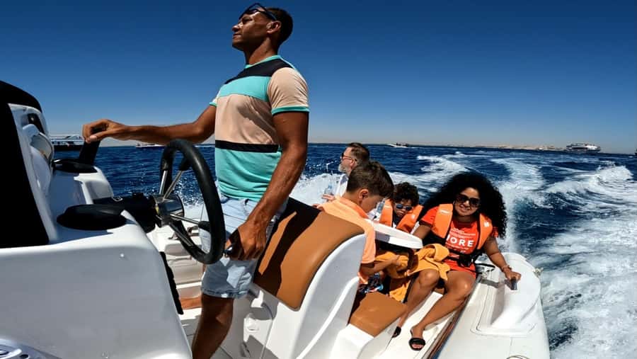 Hurghada: White Island Speedboat Tour, Snorkeling, & Lunch - Speeding out from Hurghada Marina
